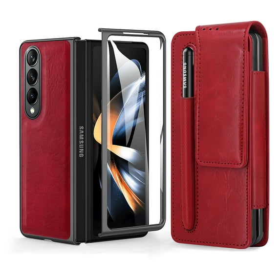 for Samsung Galaxy Z Fold 4 Magsafe Case, Full Body Protection PU Leather Tempered Glass Screen Protector Folding Holster with Belt Clip & Pen Tray for Samsung Galaxy Z Fold 4 5G, Red