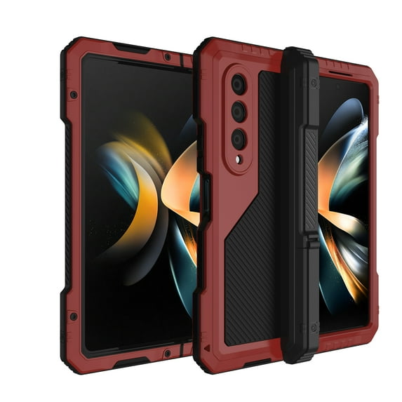 for Samsung Galaxy Z Fold 4 Metal Case with S Pen Holder, Military Rugged Heavy Duty Z Fold 4 Case Built in Screen Protector Full-Body Drop Protection Kickstand Phone Case for Z Fold 4, Red