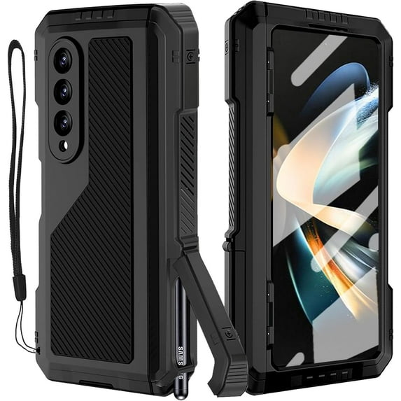 for Samsung Galaxy Z Fold 4 Metal Case with S Pen Holder, Military Rugged Heavy Duty Z Fold4 Case Built in Screen Protector Full-Body Drop Protection Kickstand Phone Case for Z Fold 4 - Black