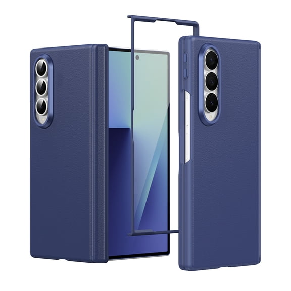 For Samsung Galaxy Z Fold 4 Phone Case,Built-in Screen Protector,Anti-Scratch PU Leather Texture Design,Hinge Protection,Ultra Slim Shockproof Anti-fall Drop-Proof Rugged Sturdy Phone Case,Blue