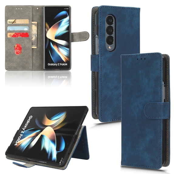 for Samsung Galaxy Z Fold 4 Wallet Case with RFID Blocking Credit Card Holder, PU Leather Wrist Strap Flip Kickstand Shockproof Cover Women Men for Samsung Galaxy Z Fold 4, Blue