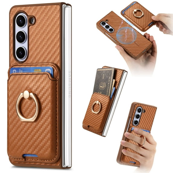 for Samsung Galaxy Z Fold 4 Wallet Case with Ring Holder and Detachable Credit Card Slots, Carbon Fiber Texture Magnetic Kickstand Shockproof Protective Cover for Samsung Galaxy Z Fold 4, Brown