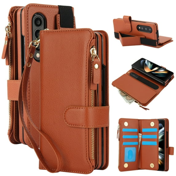 for Samsung Galaxy Z Fold 4 Wallet Case with S Pen Holder, Magnetic Closure with RFID Blocking ID Card Slots Zipper Purse PU Leather Flip Kickstand Lanyard Phone Case,Brown