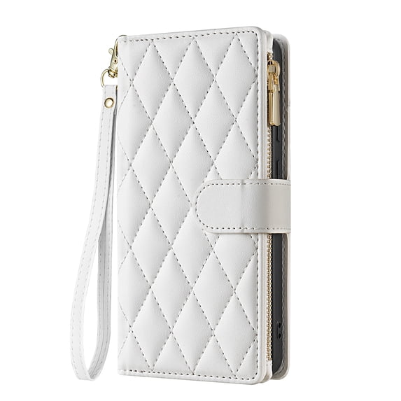 for Samsung Galaxy Z Fold 4 Wallet case with Card Holder,Phone case RFID Blocking PU Leather Flip Shockproof Cover with Hand Strap Zipper Credit Card Holder Slots for Women Men,White