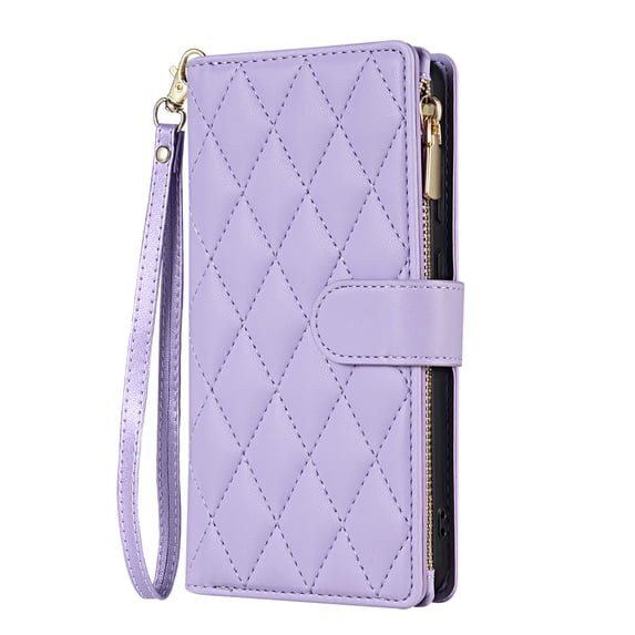 for Samsung Galaxy Z Fold 4 Wallet case with Card Holder,Phone case RFID Blocking PU Leather Flip Shockproof Cover with Hand Strap Zipper Credit Card Holder Slots for Women Men,Purple