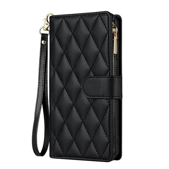 for Samsung Galaxy Z Fold 4 Wallet case with Card Holder,Phone case RFID Blocking PU Leather Flip Shockproof Cover with Hand Strap Zipper Credit Card Holder Slots for Women Men,Black