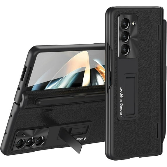 for Samsung Galaxy Z Fold 5 5G Case with Screen Protector, S Pen Slot & Stylus Hinge Design Fine Leather Protective Phone Case with Kickstand Casefor Galaxy Z Fold5, Black