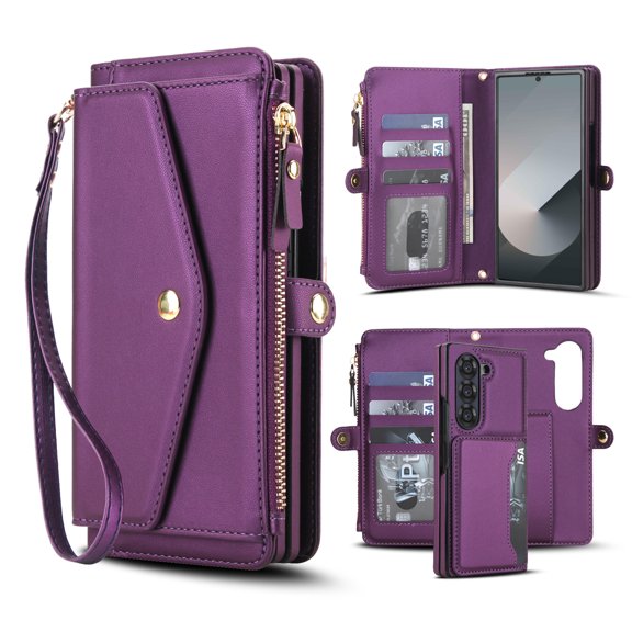 for Samsung Galaxy Z Fold 5 Adjustable Shoulder Strap&Wrist Strap Detachable Magnetic Wallet Case,Zipper Pocket&RFID Blocking Card Slots, PU Leather Full Body Protection Rugged Phone Case,Purple
