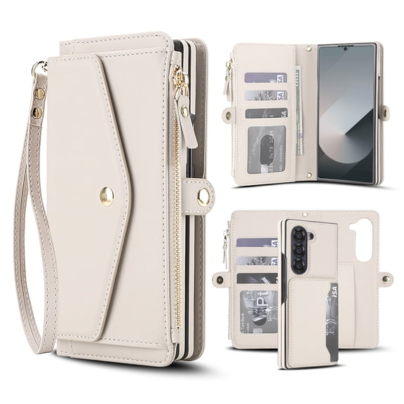 for Samsung Galaxy Z Fold 5 Adjustable Shoulder Strap&Wrist Strap Detachable Magnetic Wallet Case,Zipper Pocket&RFID Blocking Card Slots, PU Leather Full Body Protection Rugged Phone Case,White