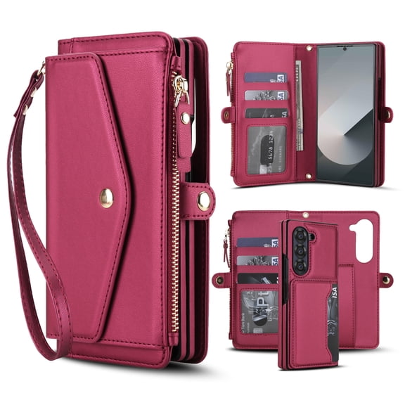 for Samsung Galaxy Z Fold 5 Adjustable Shoulder Strap&Wrist Strap Detachable Magnetic Wallet Case,Zipper Pocket&RFID Blocking Card Slots, PU Leather Full Body Protection Rugged Phone Case,Red