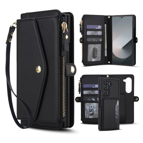for Samsung Galaxy Z Fold 5 Adjustable Shoulder Strap&Wrist Strap Detachable Magnetic Wallet Case,Zipper Pocket&RFID Blocking Card Slots, PU Leather Full Body Protection Rugged Phone Case,Black