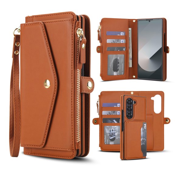 for Samsung Galaxy Z Fold 5 Adjustable Shoulder Strap&Wrist Strap Detachable Magnetic Wallet Case,Zipper Pocket&RFID Blocking Card Slots, PU Leather Full Body Protection Rugged Phone Case,Brown