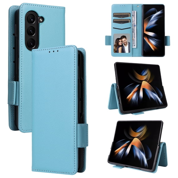 for Samsung Galaxy Z Fold 5 Case, Classic Design PU Leather Wallet Magnetic Closure Flip Case with Kickstand Card Holder Slot Shockproof Protective Cover for Samsung Galaxy Z Fold 5 5G - Cyanblue
