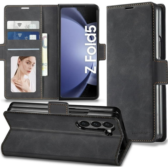 for Samsung Galaxy Z Fold 5 Case Flip Leather Cover with Hinge Protection, Luxury Slim Thin Magnetic Wallet Case [Card Holder], Shockproof Full-Body Protective for Samsung Z Fold 5 Phone Case