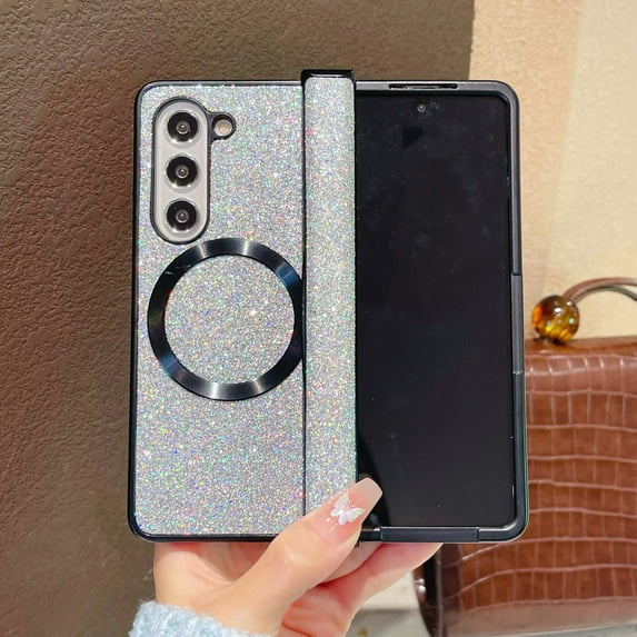 for Samsung Galaxy Z Fold 5 Case for Girls & Women, Luxury Bling Glitter Sparkly Protective Cover with Hinge Protection Magnetic Shockproof Stylish Slim Fit Lightweight Phone Case, Silver