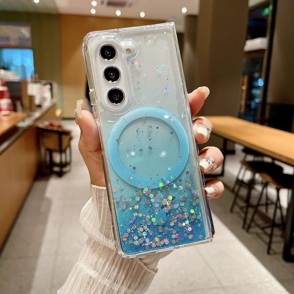 for Samsung Galaxy Z Fold 5 Case Glitter Sparkly TPU Slim Protective Cover, Compatible with MagSafe, Ultra Slim Lightweight Anti-Scratch Stylish Phone Case for Girls Women, Blue