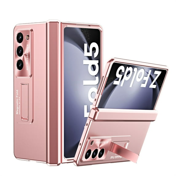 for Samsung Galaxy Z Fold 5 Case Hinge Coverage Protective with Plating Kickstand Built in Screen Protector Full Body PC Magnetic All-Inclusive Shockproof Rugged Cover, Rosegold