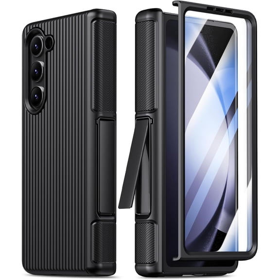 for Samsung Galaxy Z Fold 5 Case with Hinge Protection & Kickstand & Built-in Screen Protector, Support Wireless Charging, Heavy Duty Shockproof Phone Cover (Black)