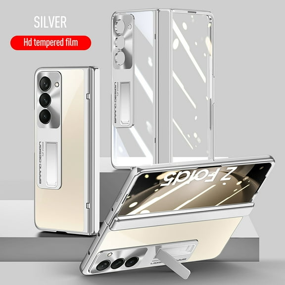 for Samsung Galaxy Z Fold 5 Case with Hinge Protection & Kickstand & Built-in Screen Protector, Support Wireless Charging, Plating Heavy Duty Shockproof Transparent Clear Phone Cover, Silver