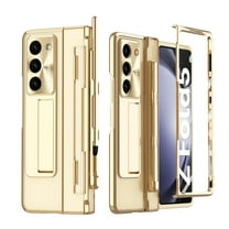 for Samsung Galaxy Z Fold 5 Case with Hinge Protection, Plating Cover Built in Tempered Glass Screen Protector Kickstand Crystal HD Transparent Slim PC Case with Stylus and Stylus Holder, Gold