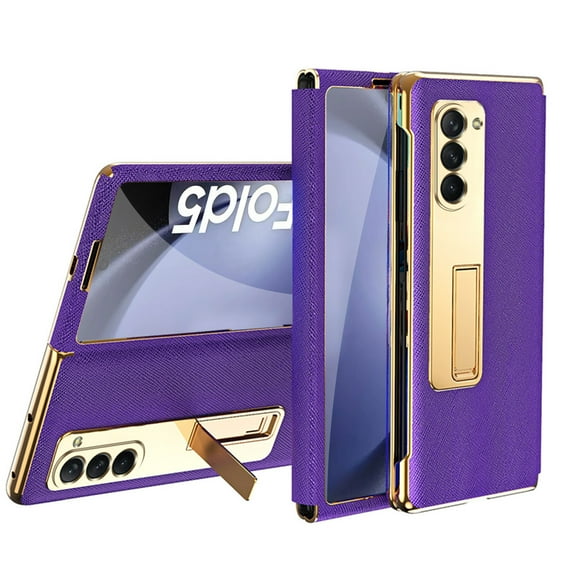 for Samsung Galaxy Z Fold 5 Case with Kickstand, Full Body Protection Case with Built-in Screen Protector PU Leather Protective Hidden Stand Phone Case for Samsung Galaxy Z Fold 5 5G, Purple