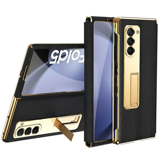 for Samsung Galaxy Z Fold 5 Case with Kickstand, Full Body Protection Case with Built-in Screen Protector PU Leather Protective Hidden Stand Phone Case for Samsung Galaxy Z Fold 5 5G, Black