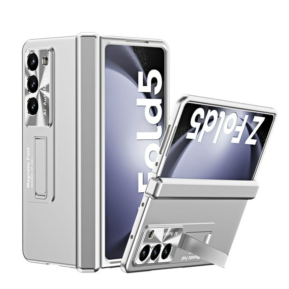 for Samsung Galaxy Z Fold 5 Case with Magnetic Hinge Coverage Protective and Kickstand,Built-in Front Screen Protector Glass, Full Body Thin Transparent Plating Clear PC Cover, Silver