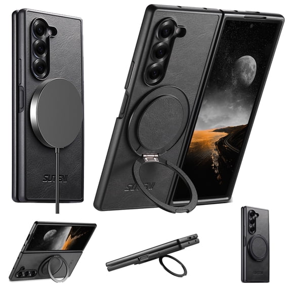 for Samsung Galaxy Z Fold 5 Case, PU Leather Back + TPU Frame, 360° Rotating Ring Bracket Strong Magnetic, Wireless Charging Compatible, Ultra Slim Protective Case for Samsung Galaxy Z Fold 5, Black