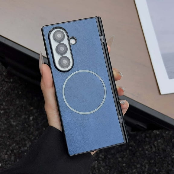 for Samsung Galaxy Z Fold 5 Case, PU Leather + PC Hybrid Protective Cover with Hinge Protection, Compatible with MagSafe, Shockproof Lightweight Ultra Slim Anti-Scratch Phone Case, Blue