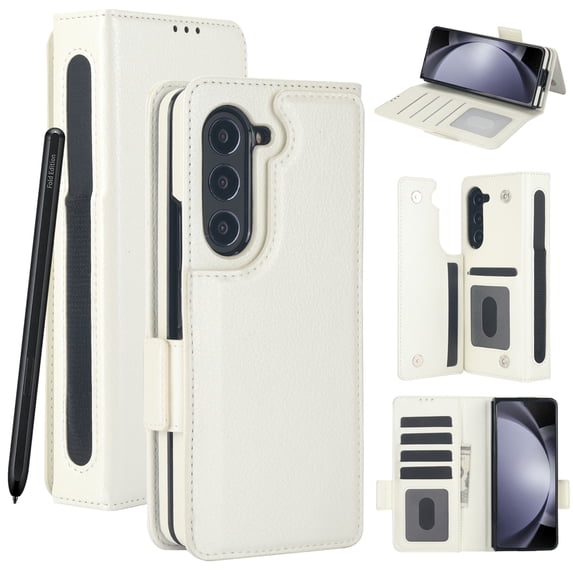 for Samsung Galaxy Z Fold 5 Case with RFID Blocking Card Slots Luxury PU Leather Flip Kickstand Phone Wallet Case with S Pen Holder Magnetic Closure for Samsung Galaxy Z Fold 5, White