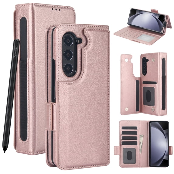 for Samsung Galaxy Z Fold 5 Case with RFID Blocking Card Slots Luxury PU Leather Flip Kickstand Phone Wallet Case with S Pen Holder Magnetic Closure for Samsung Galaxy Z Fold 5, Rosegold