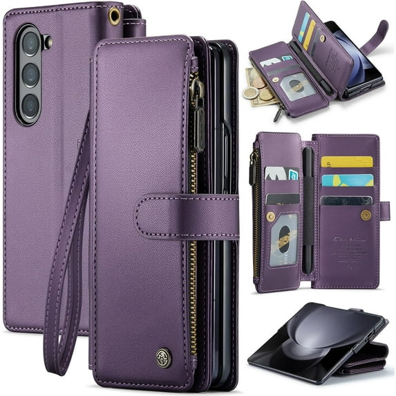 for Samsung Galaxy Z Fold 5 Case with S Pen Holder, Z Fold 5 Wallet Case with Card Holder for Women Men, RFID Blocking Kickstand Zipper Shockproof Phone Case for Galaxy Fold 5, Purple