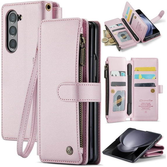 for Samsung Galaxy Z Fold 5 Case with S Pen Holder, Z Fold 5 Wallet Case with Card Holder for Women Men, RFID Blocking Kickstand Zipper Shockproof Phone Case for Galaxy Fold 5, Rose Gold