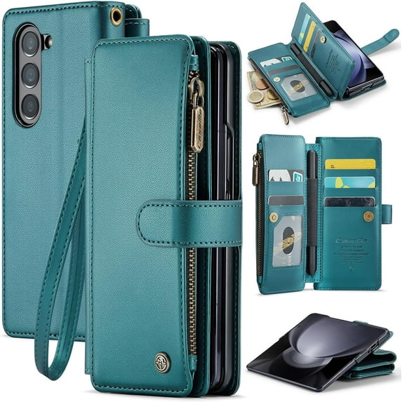 for Samsung Galaxy Z Fold 5 Case with S Pen Holder, Z Fold 5 Wallet Case with Card Holder for Women Men, RFID Blocking Kickstand Zipper Shockproof Phone Case for Galaxy Fold 5, Bluish Green