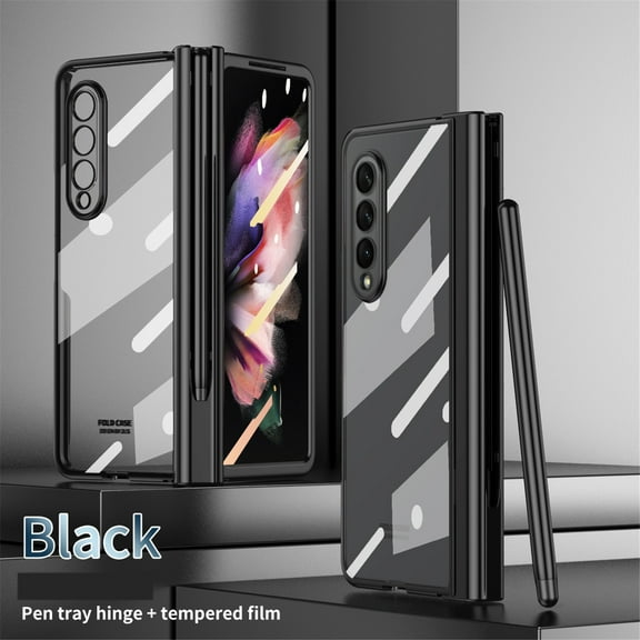 Samsung Galaxy Z Fold 5 Case with S Pen + S Pen Holder + Screen Protector + Hinge Protection, Hard Plating Frame All-Inclusive Luxury Crystal Clear Case Cover  Samsung Z Fold5, Black