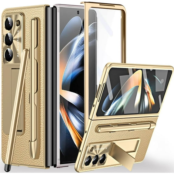 for Samsung Galaxy Z Fold 5 Case with S Pen, Z Fold 5 Case+Stylus Pen with Pen Holder+Tempered Glass Screen Protector+All-Inclusive Leather Case for Samsung Galaxy Z Fold 5 (Gold)