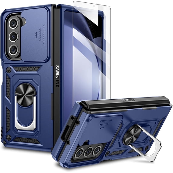 for Samsung Galaxy Z Fold 5 Case with Slide Camera Cover & Screen Protector, Phone Case Built-in 360° Rotate Ring Stand Heavy Protective for Samsung Z Fold 5 5G Case Accessories Blue