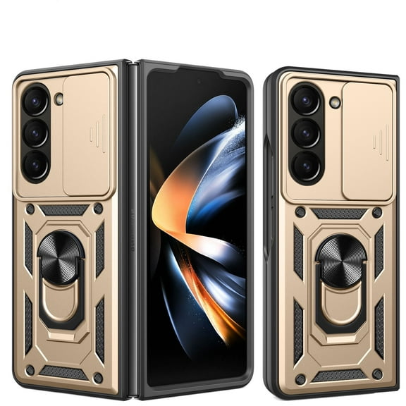 For Samsung Galaxy Z Fold 5 Case with Sliding Camera Lens Cover and Ring Kickstand Heavy Duty Military Grade Rugged Protection Shockproof Back Phone Cover for Samsung Galaxy Z Fold 5, Gold