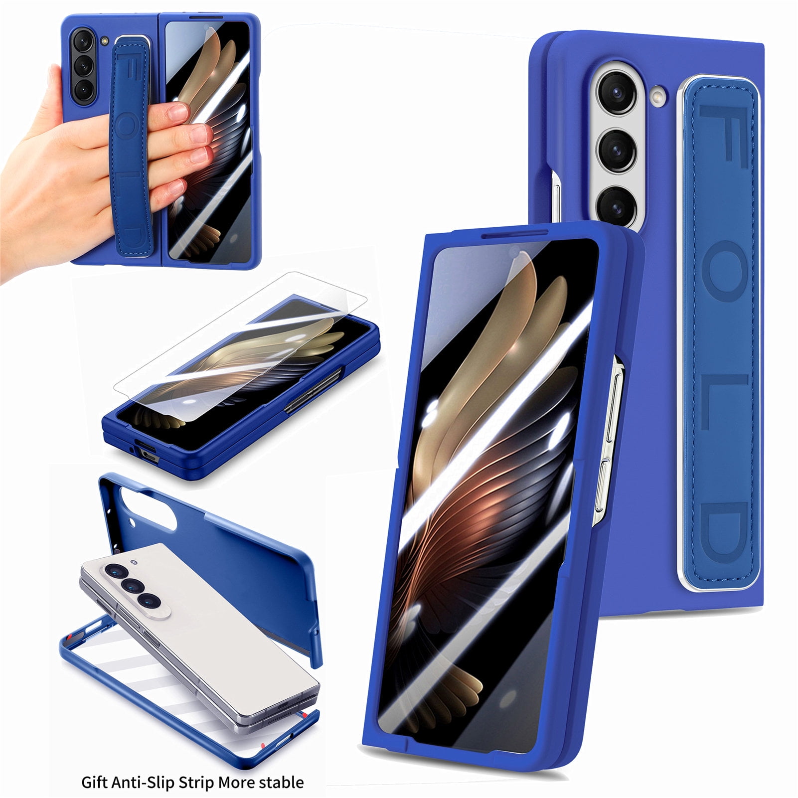 for Samsung Galaxy Z Fold 5 Case with Strap, [Non Slip Silicone Touch] Slim Protective Phone Case with Elastic Finger Wristband, Shockproof PC Cover for Samsung Galaxy Z Fold 5 2023 - Blue