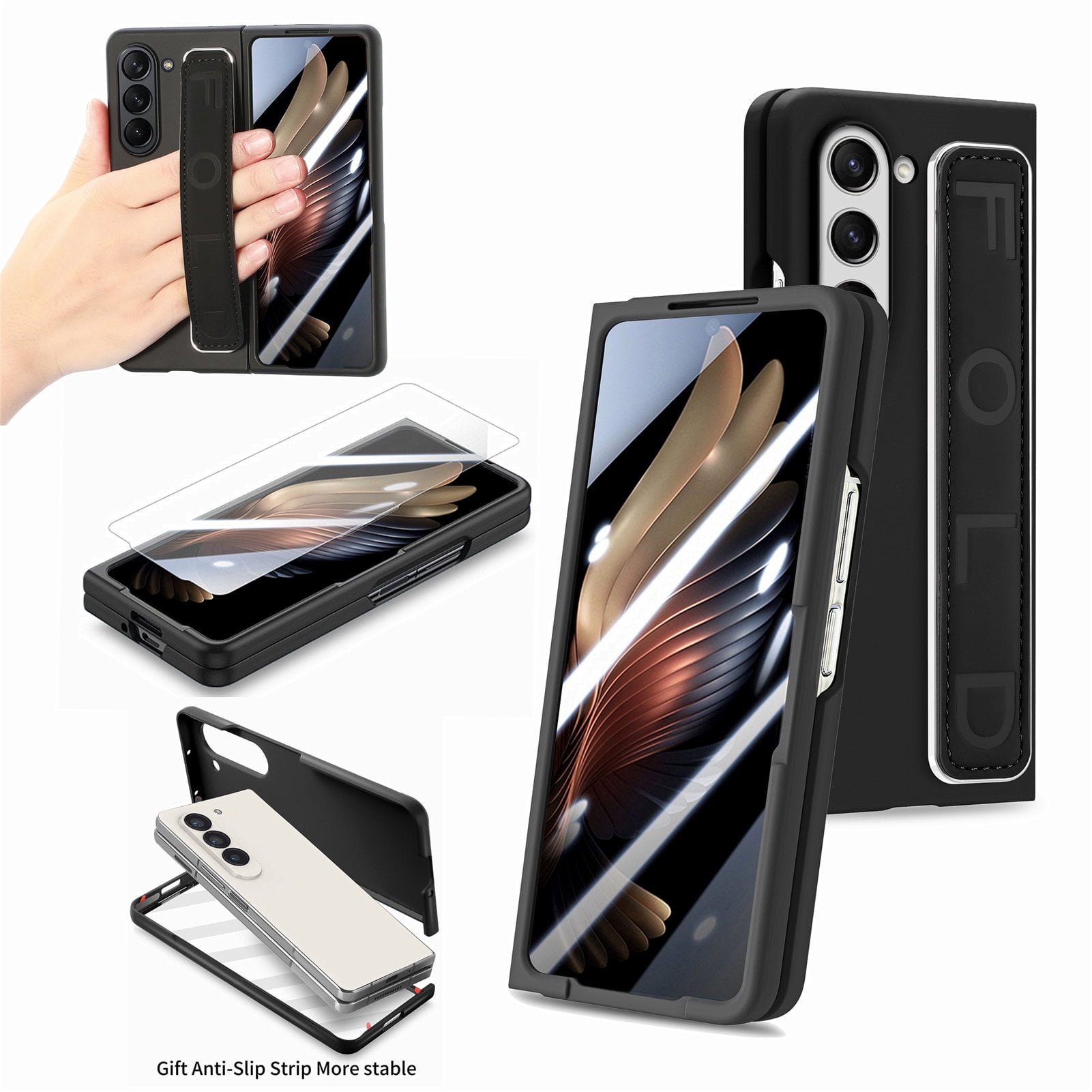 for Samsung Galaxy Z Fold 5 Case with Strap, [Non Slip Silicone Touch] Slim Protective Phone Case with Elastic Finger Wristband, Shockproof PC Cover for Samsung Galaxy Z Fold 5 2023 - Black