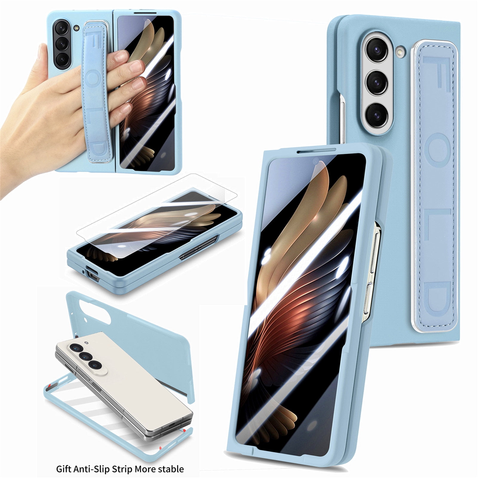 for Samsung Galaxy Z Fold 5 Case with Strap, [Non Slip Silicone Touch] Slim Protective Phone Case with Elastic Finger Wristband, Shockproof PC Cover for Samsung Galaxy Z Fold 5 2023 - Light Blue