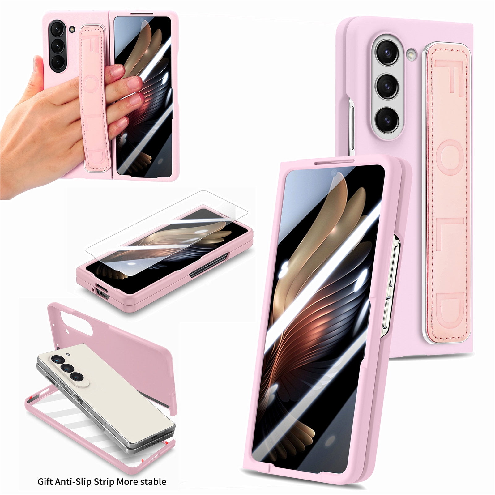 for Samsung Galaxy Z Fold 5 Case with Strap, [Non Slip Silicone Touch] Slim Protective Phone Case with Elastic Finger Wristband, Shockproof PC Cover for Samsung Galaxy Z Fold 5 2023 - Pink