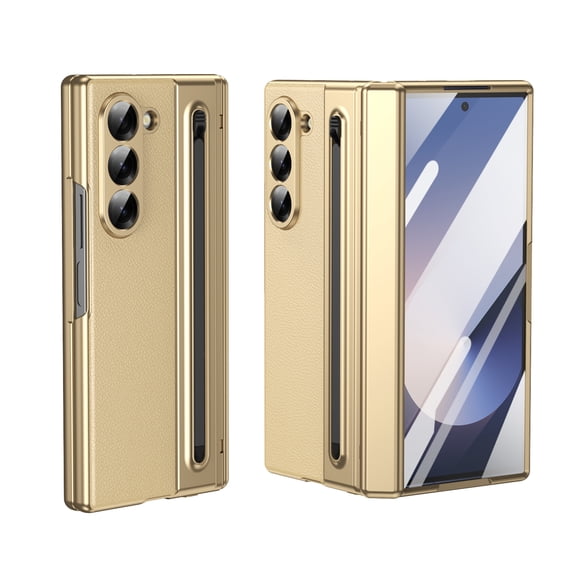 for Samsung Galaxy Z Fold 5 Case: Support All Magsafe Accessories | Fold 5 New Slim S Pen Holder & Free Stylus | Hinge Protection, PU Leather Back, Tempered Glass Screen Protector - Gold