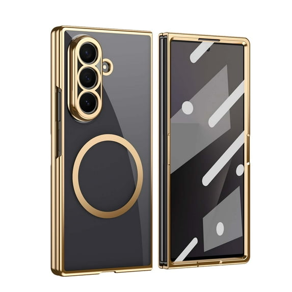 for Samsung Galaxy Z Fold 5 Case with Tempered Glass Front & Back, Crystal Clear Plating Frame, Compatible with MagSafe, Shockproof Drop Protective Lightweight Ultra Slim Anti-Scratch Cover, Gold