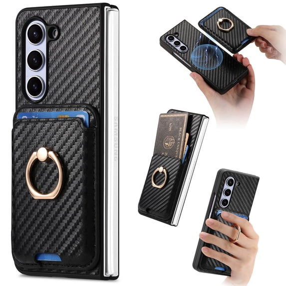 for Samsung Galaxy Z Fold 5 Case Wallet Card Holder, Detachable Purse Case Support Magnetic Car Mount Slim Wallet Cover with Ring Stand, Screen Protective Film Case for Samsung Galaxy Z Fold 5, Black