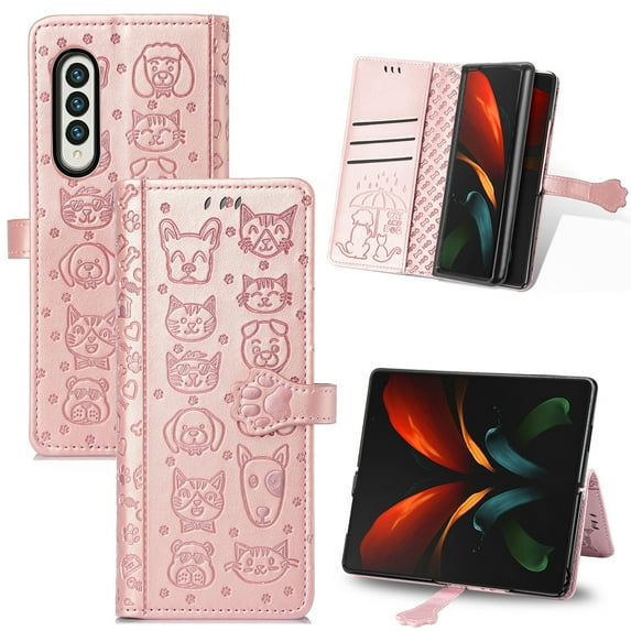 for Samsung Galaxy Z Fold 5 Case Wallet,Magnetic Closure PU Leather Cute Embossed with Wrist Strap, RFID Blocking Card Slots Pocket Flip Kickstand Protective Phone Case Cover,Rosegold