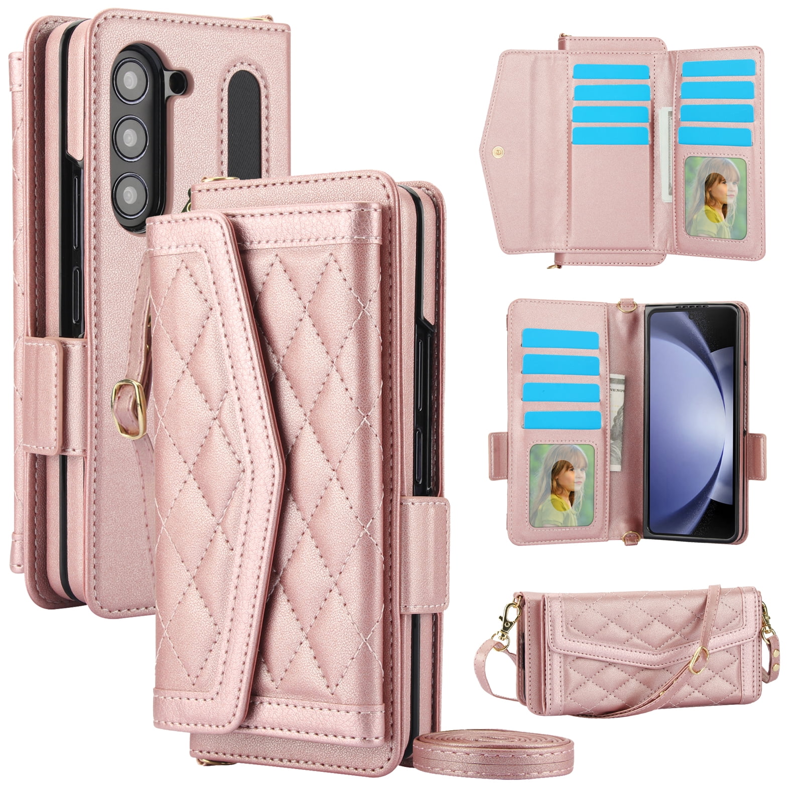 for Samsung Galaxy Z Fold 5 Case Wallet with S Pen Holder for Women, 12 Card Holder & 2 Cash Pocket & Shoulder Strap & Wristlet Flip Stand PU Leather Phone Case with RFID Blocking, Rosegold