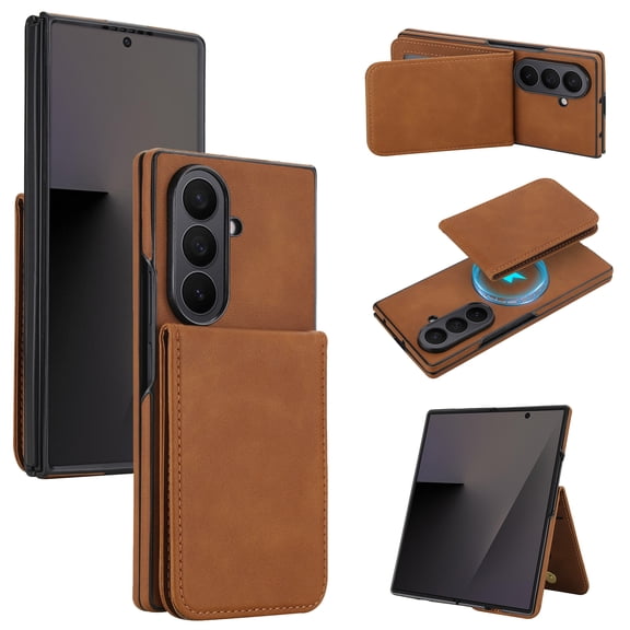 For Samsung Galaxy Z Fold 5 Detachable 2 in 1 Case with Card Holder, Magnetic Wallet Compatible with MagSafe Wireless Charging, Premium PU Leather Flip Cover with Multi-Angle Kickstand, Brown