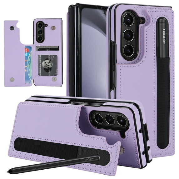 for Samsung Galaxy Z Fold 5 Folding Case, Classic Thin Slim Cover with S Pen Holder Card Holder Protective Magnetic Closure Kickstand Women Girls Case for Samsung Galaxy Z Fold 5 - Purple