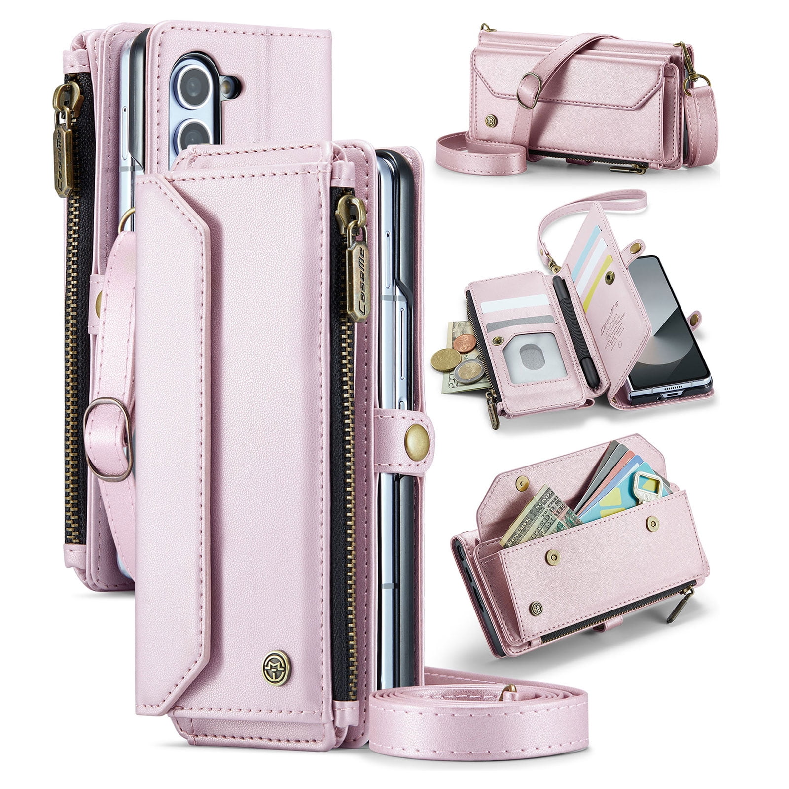 for Samsung Galaxy Z Fold 5 Full Body Protection Wallet Folio Flip Case, Shoulder Strap & Wristlet Card Slots Zipper Pocket RFID Blocking Rugged Durable PU Leather Phone Case Cover, Pink